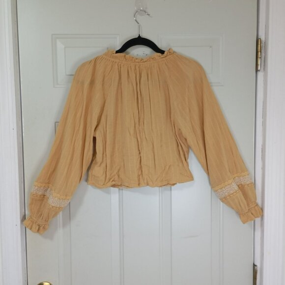 American Eagle Blouse Y2K Embroidered Boho Bohemia S Cotton Blend Mustard Womens - Picture 9 of 11